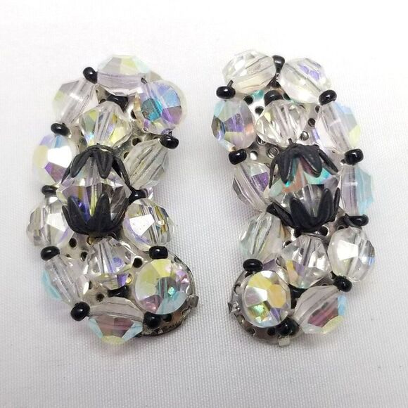 Vintage AB Glass Bead Cluster Clip On Earrings, Black Accents, Kidney Shape - Picture 1 of 6